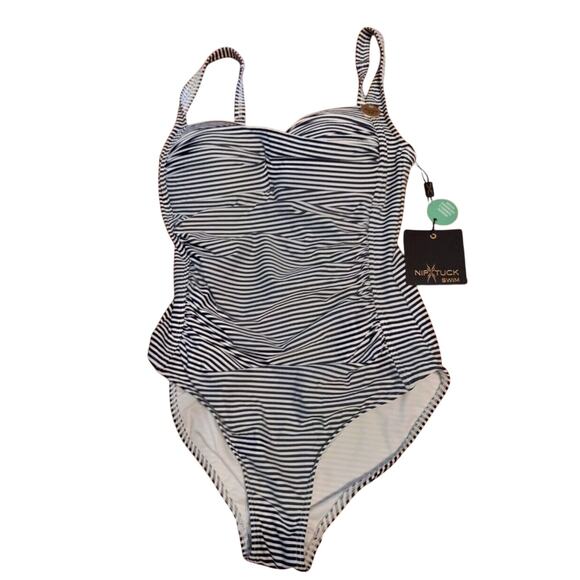 NEW Nip Tuck Swimsuit Navy White Stripes MultiCup Bra 1 Pc Swimsuit 6 NWT - Picture 1 of 3